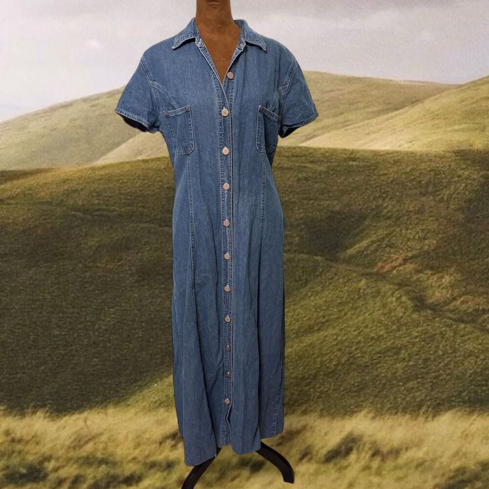 Y2K Vintage Festival Boho Cottage Blue Denim Cotton Blend Minimalist Maxi Dress